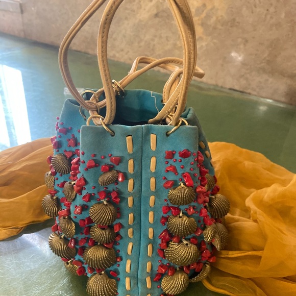 Oscar de la Renta Handbags - OSCAR DE LA RENTA SUEDE VELVETY LEATHER VNTG JEWELED DRAWSTRING Bag RARE FLAWED